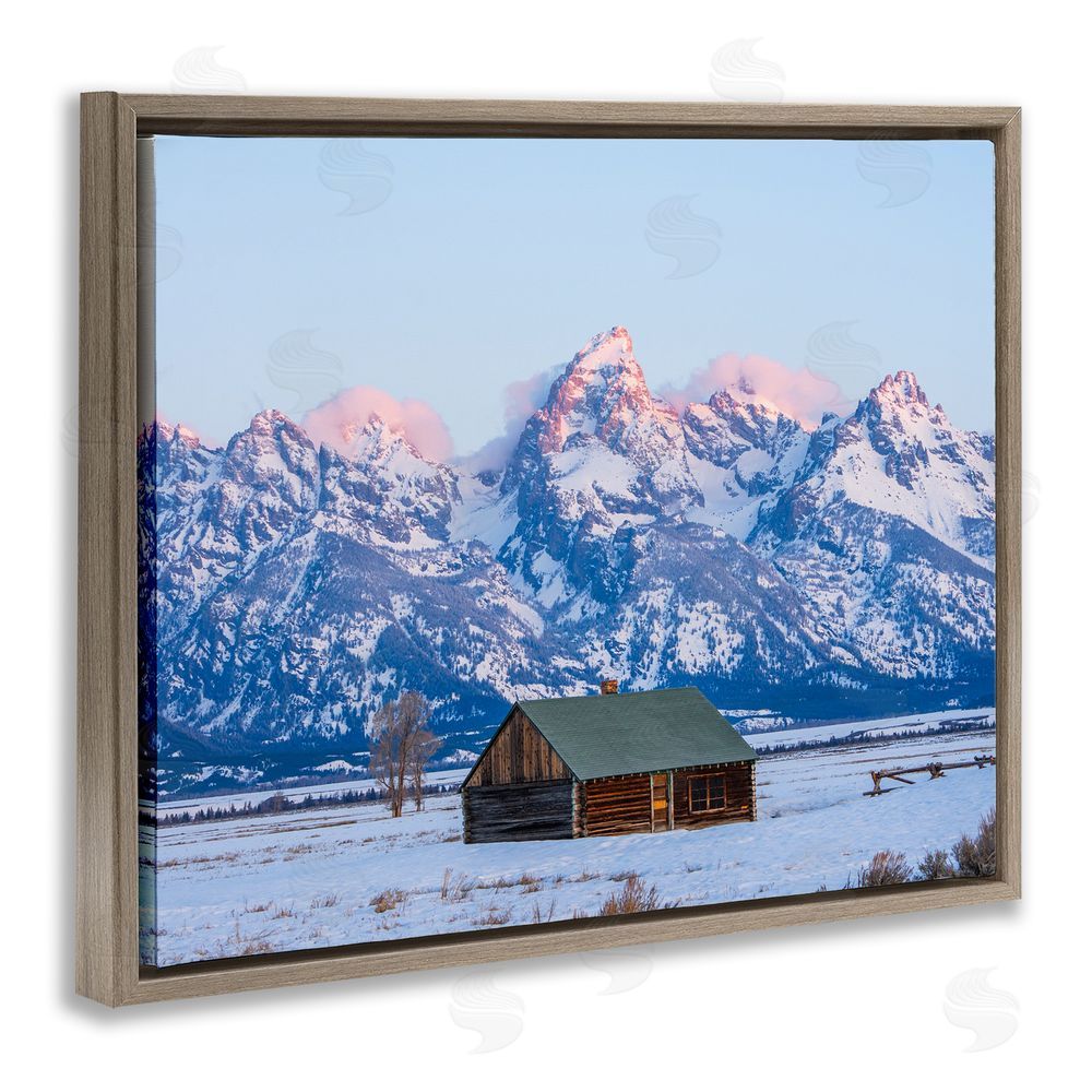 Jared Kreiss Winter Snowy Peaks & Cabin Brown Floating Frame Canvas Wall Art Print