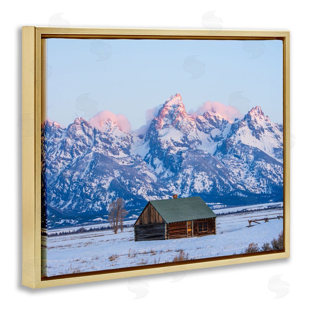Jared Kreiss Winter Snowy Peaks & Cabin Gold Floating Frame Canvas Wall Art Print
