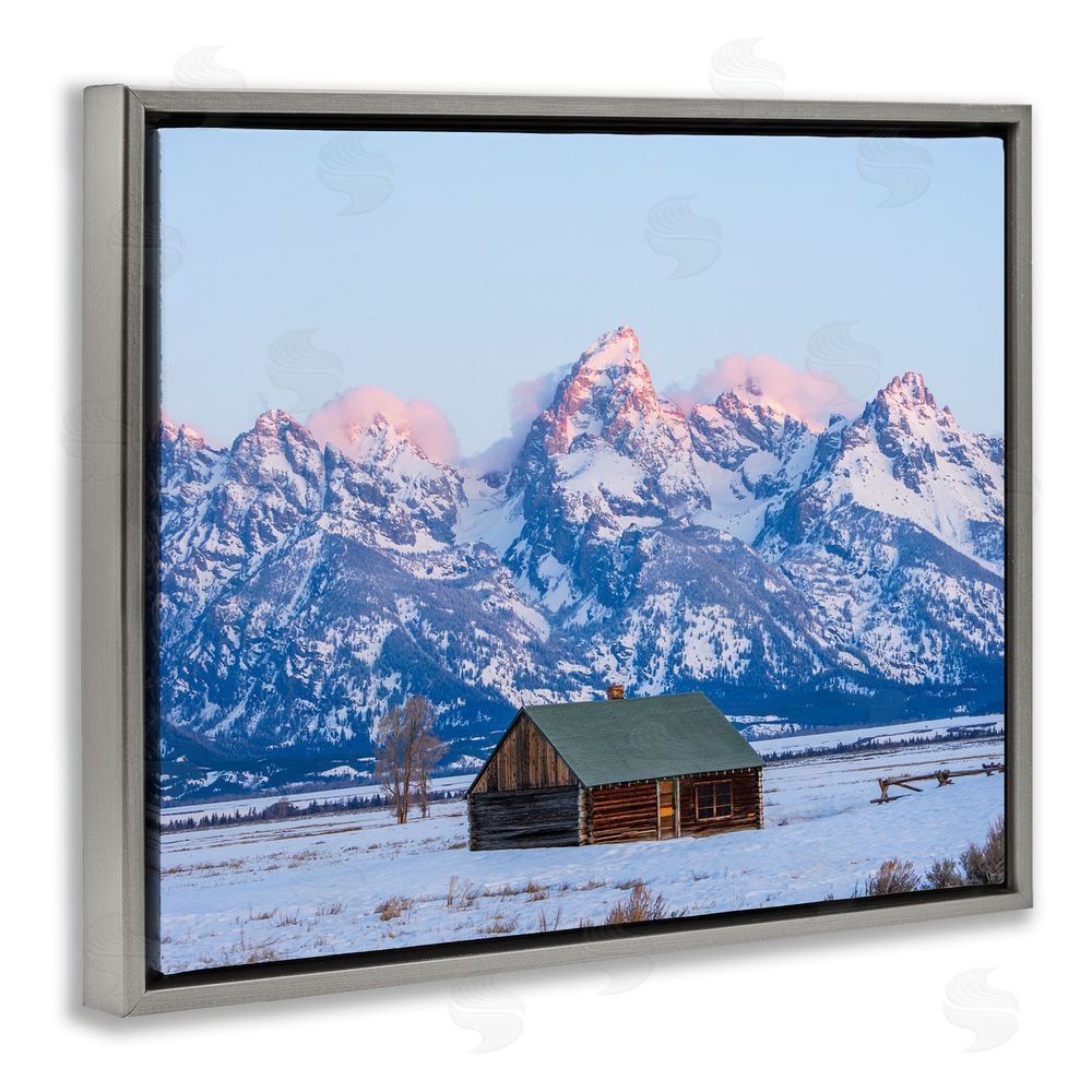 Jared Kreiss Winter Snowy Peaks & Cabin Grey Floating Frame Canvas Wall Art Print