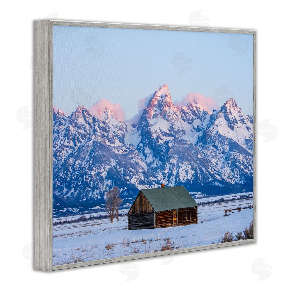 Jared Kreiss Winter Snowy Peaks & Cabin Gray Framed Giclee Wall Art Print