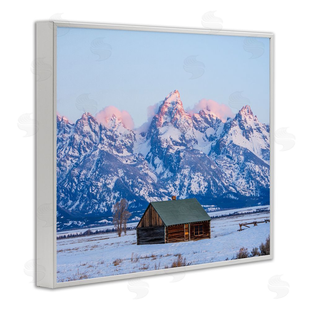 Jared Kreiss Winter Snowy Peaks & Cabin White Framed Giclee Wall Art Print