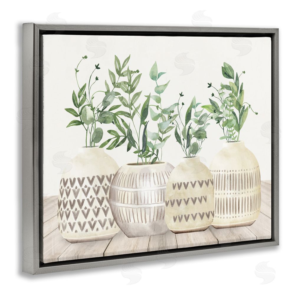 Kim Allen Herbs in Pottery Still Life Grey Floating Frame Canvas Wall Art Print