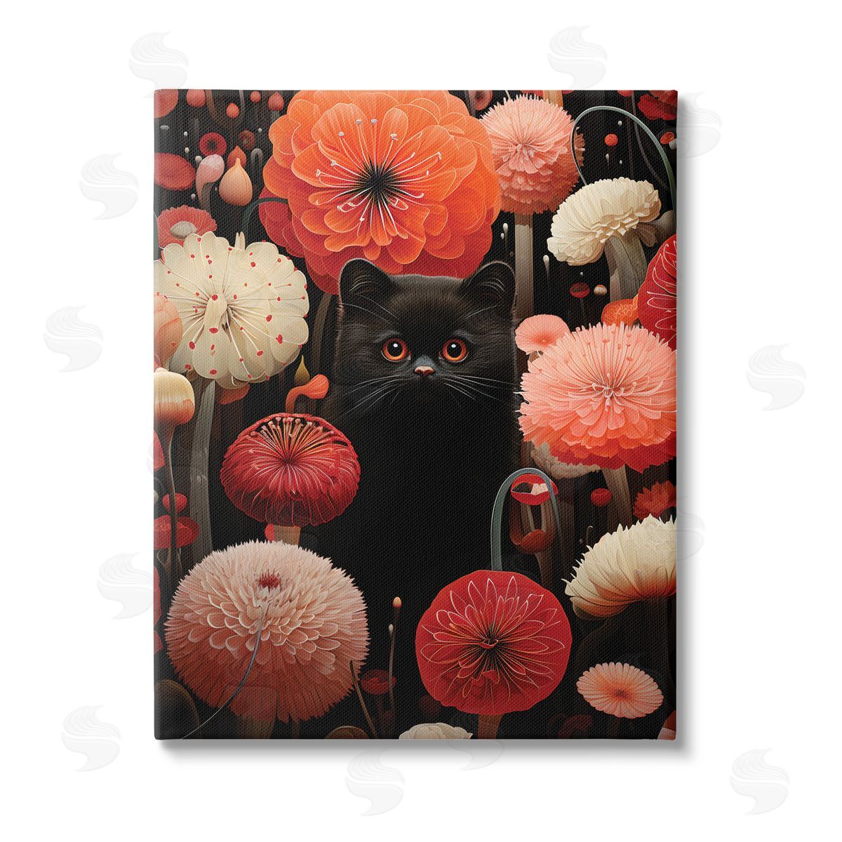 Gary Shergill Designs Black Cat Among Dahlias Stretched Canvas Wall Art Print