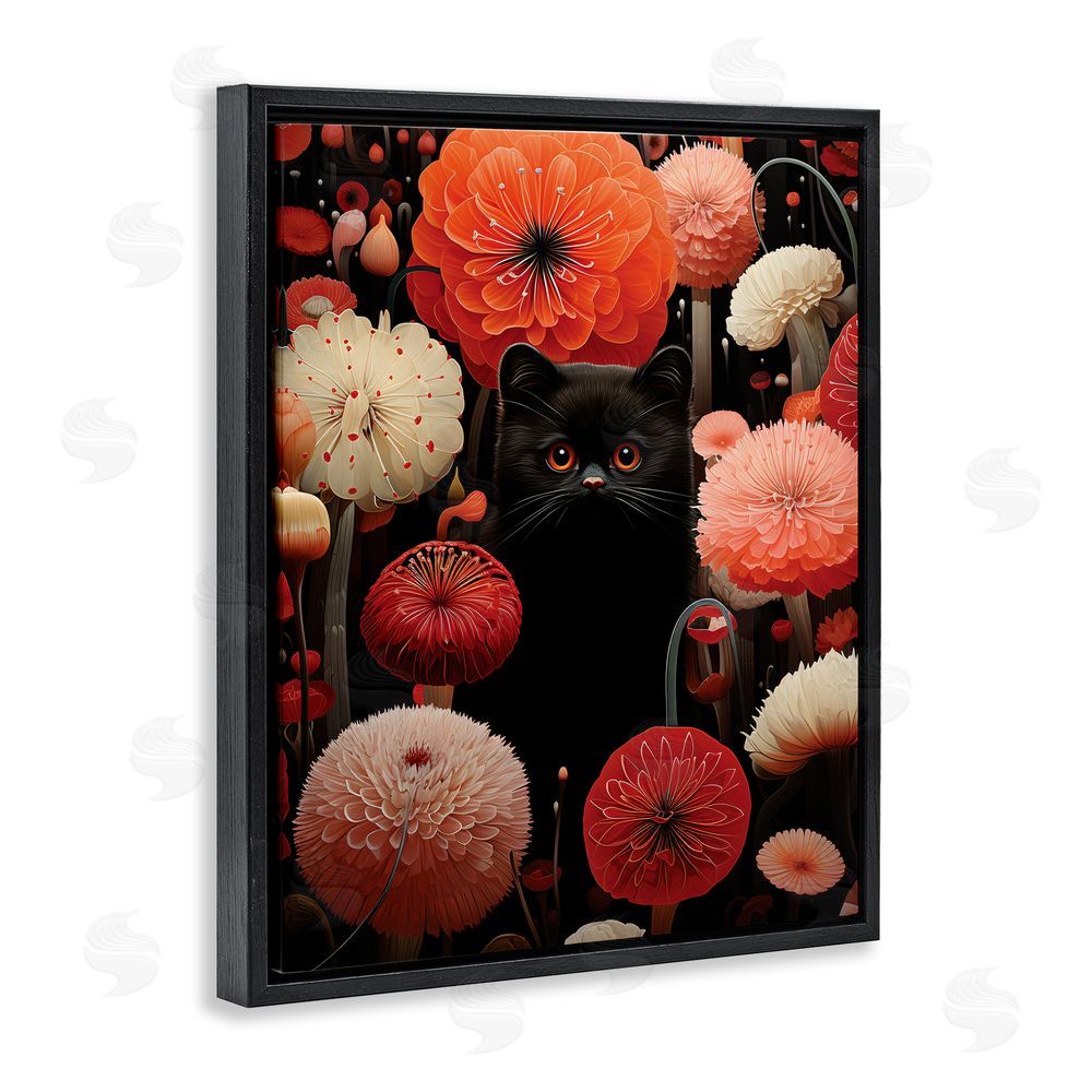 Gary Shergill Designs Black Cat Among Dahlias Black Floating Frame Canvas Wall Art Print