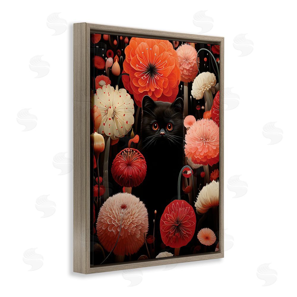 Gary Shergill Designs Black Cat Among Dahlias Brown Floating Frame Canvas Wall Art Print