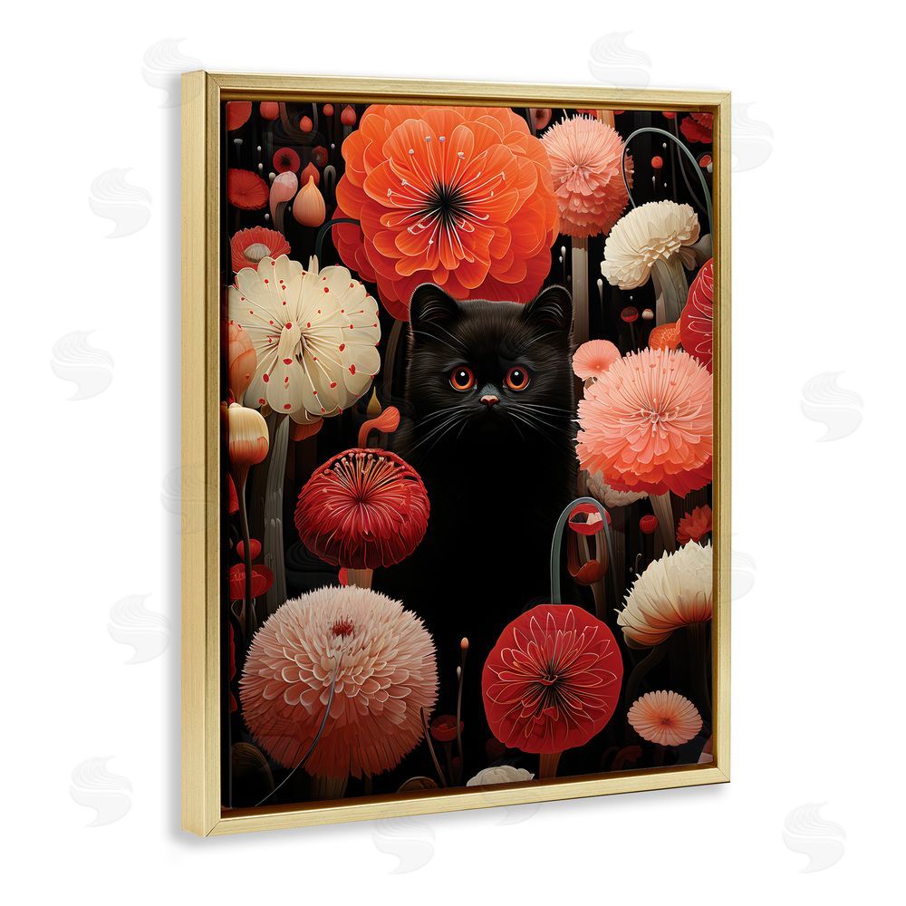 Gary Shergill Designs Black Cat Among Dahlias Gold Floating Frame Canvas Wall Art Print