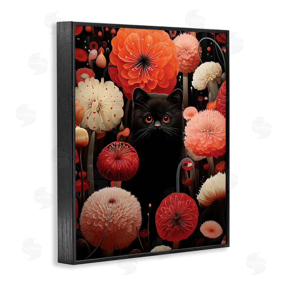 Gary Shergill Designs Black Cat Among Dahlias Black Framed Giclee Wall Art Print