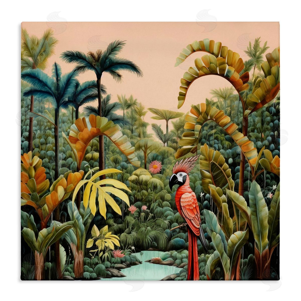 Parrot in Tropical Vegetation Canvas Wall Art, Home Decor by Lazar Studio