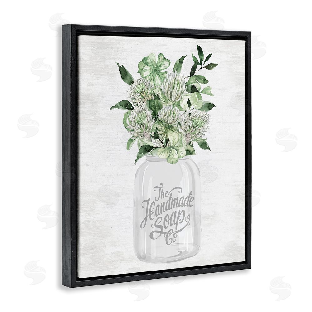Lettered and Lined Herbal Blooms in Jar Black Floating Frame Canvas Wall Art Print
