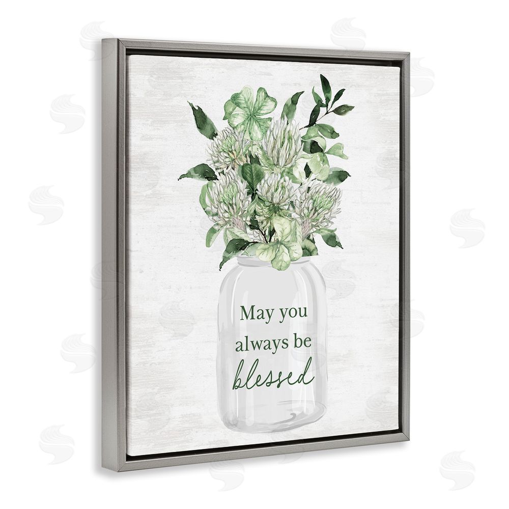 Lettered and Lined Be Blessed Herb Bouquet Grey Floating Frame Canvas Wall Art Print
