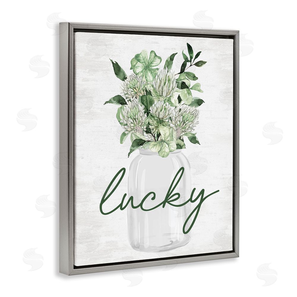 Lettered and Lined Lucky Clover Herb Bouquet Grey Floating Frame Canvas Wall Art Print