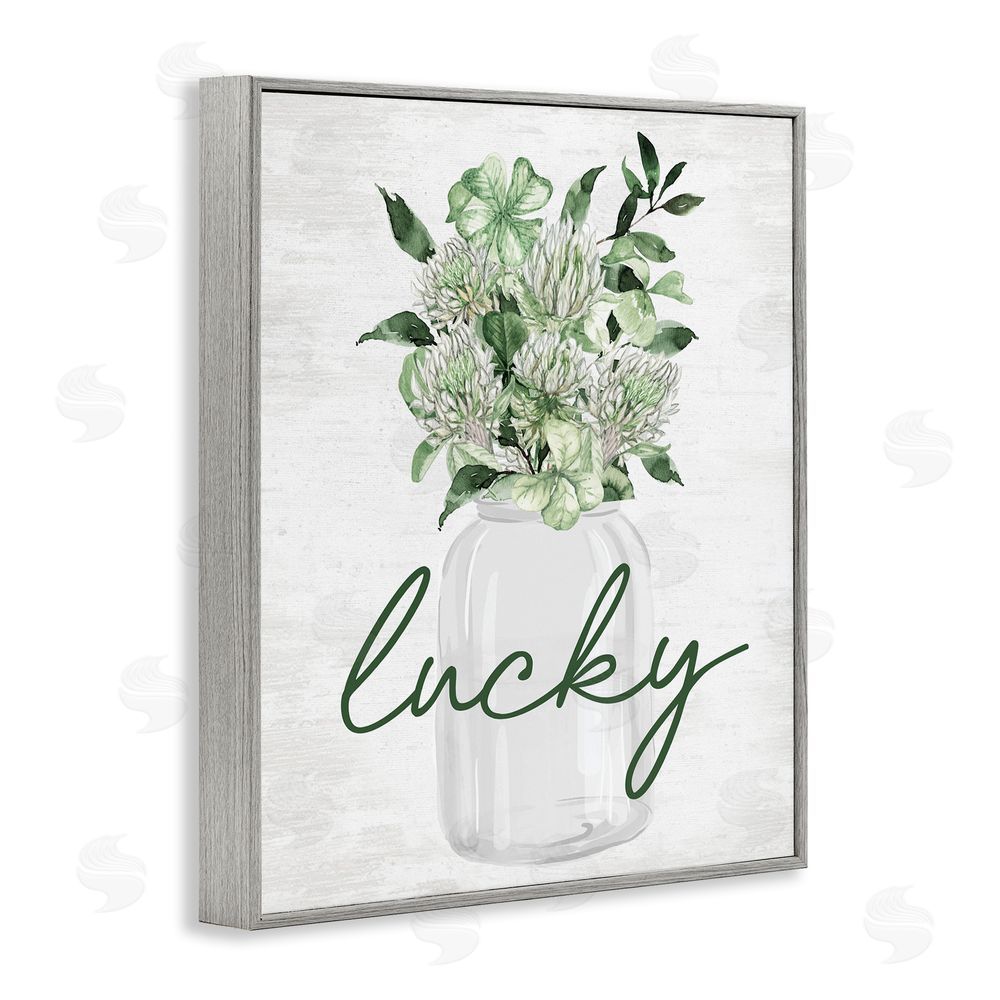 Lettered and Lined Lucky Clover Herb Bouquet Gray Framed Giclee Wall Art Print