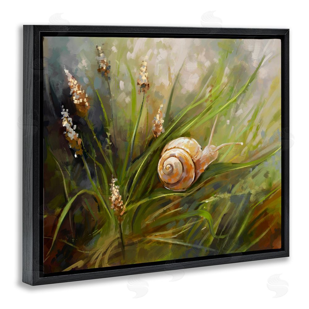 Ziwei Li Snail on Greenery Painting Black Floating Frame Canvas Wall Art Print