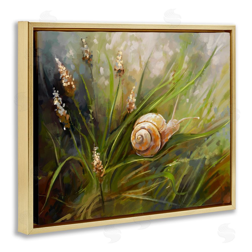 Ziwei Li Snail on Greenery Painting Gold Floating Frame Canvas Wall Art Print