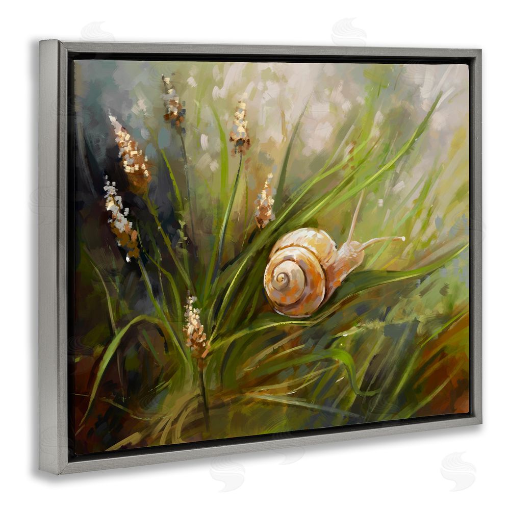 Ziwei Li Snail on Greenery Painting Grey Floating Frame Canvas Wall Art Print