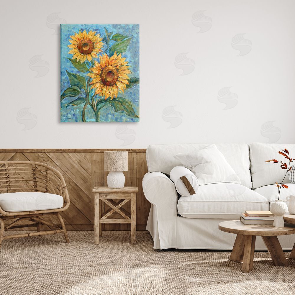 Paul Brent Traditional Sunflowers on Blue Canvas Wall Art Print in Room