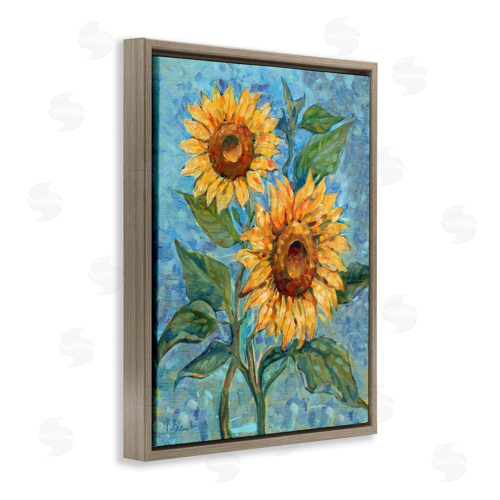 Paul Brent Traditional Sunflowers on Blue Brown Floating Frame Canvas Wall Art Print