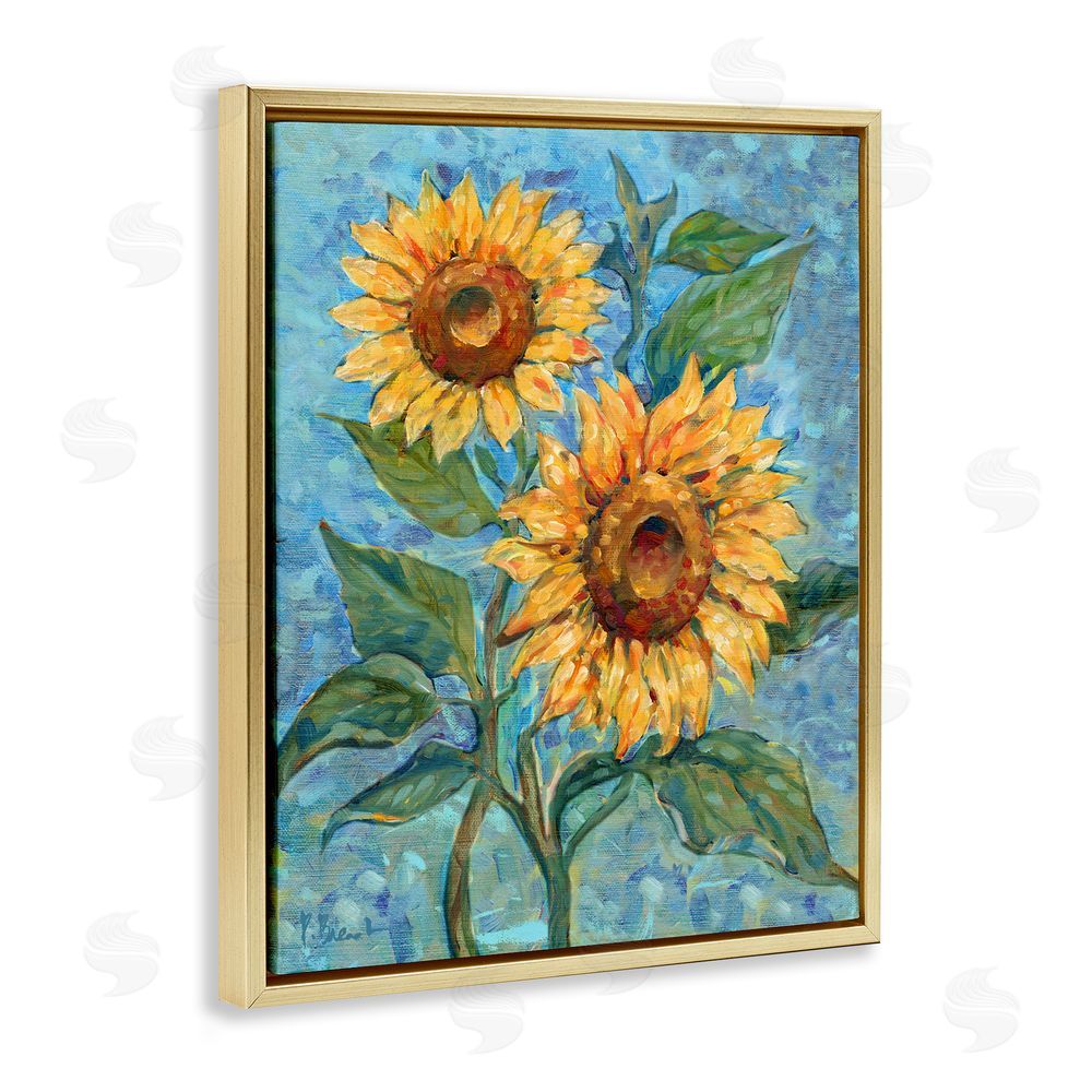 Paul Brent Traditional Sunflowers on Blue Gold Floating Frame Canvas Wall Art Print