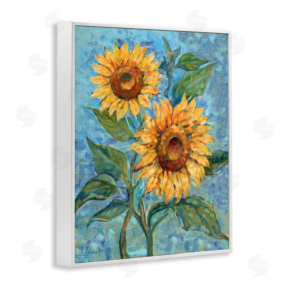 Paul Brent Traditional Sunflowers on Blue White Framed Giclee Wall Art Print