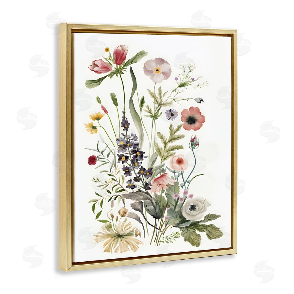 Petal Prints Design Subtle Wildflower Blooms Gold Floating Frame Canvas Wall Art Print