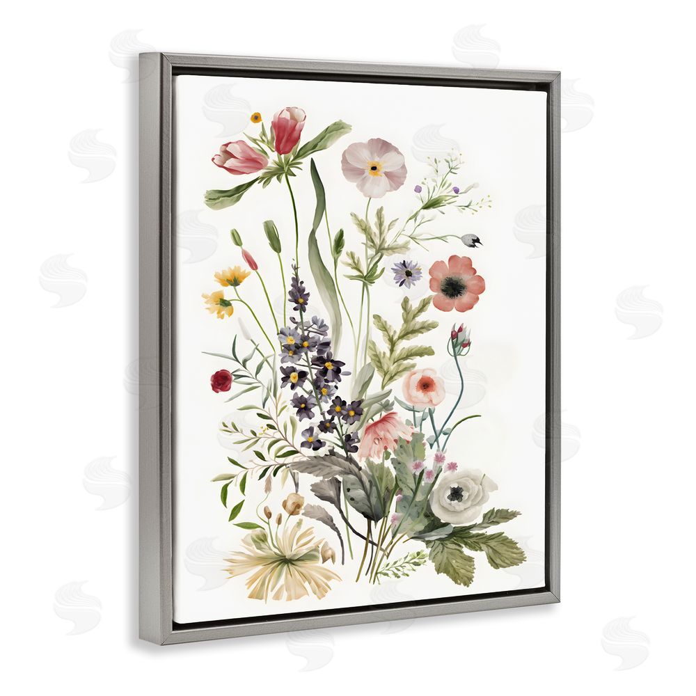 Petal Prints Design Subtle Wildflower Blooms Grey Floating Frame Canvas Wall Art Print