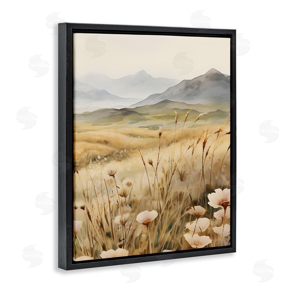 Petal Prints Design Mountain View Meadow Black Floating Frame Canvas Wall Art Print
