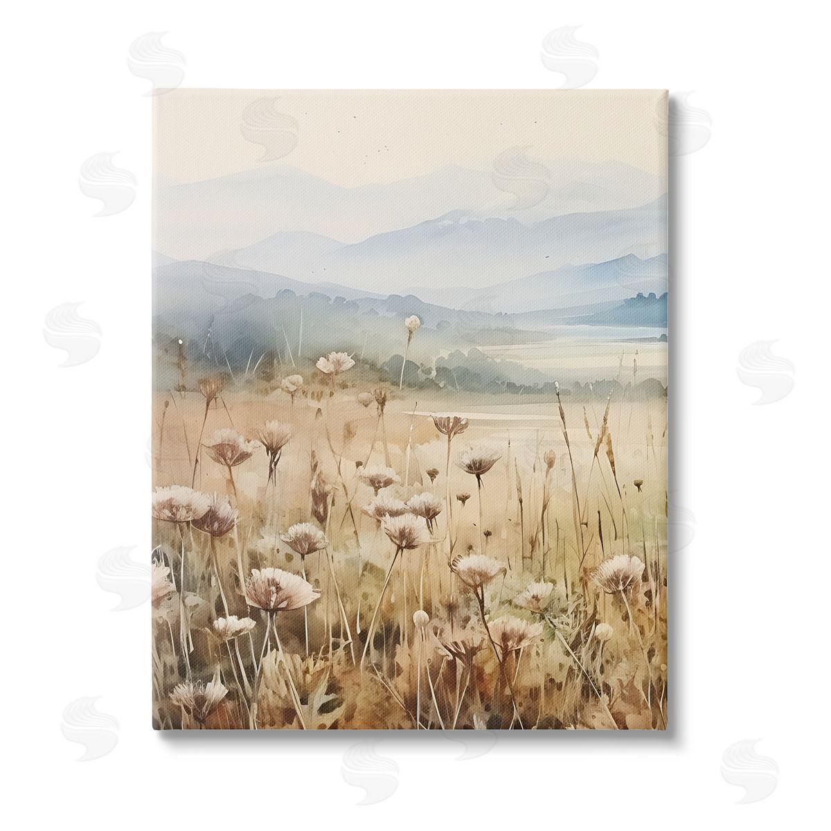 Petal Prints Design Meadow with Foggy Mountains Stretched Canvas Wall Art Print