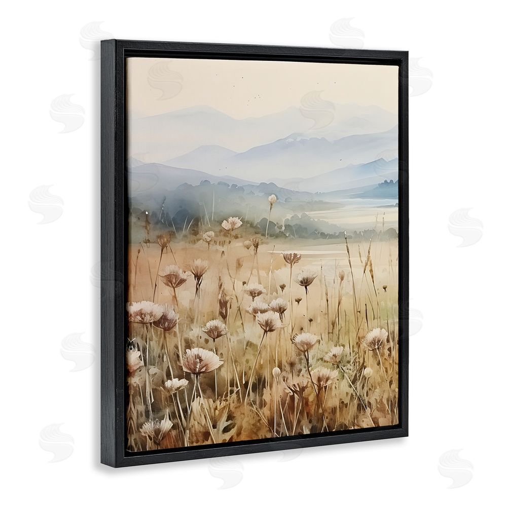 Petal Prints Design Meadow with Foggy Mountains Black Floating Frame Canvas Wall Art Print