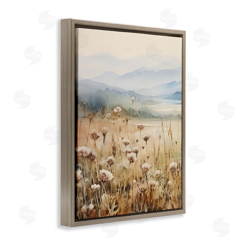 Petal Prints Design Meadow with Foggy Mountains Brown Floating Frame Canvas Wall Art Print