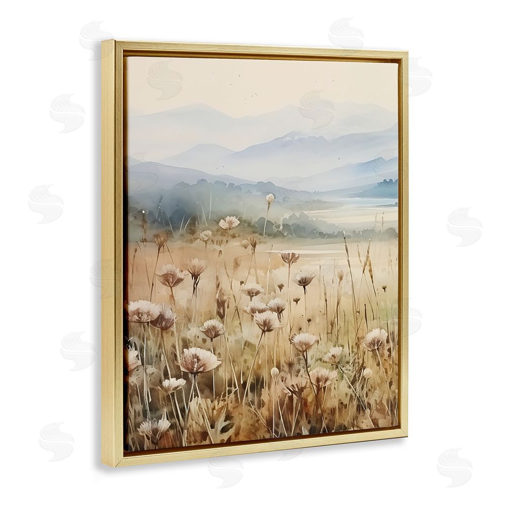 Petal Prints Design Meadow with Foggy Mountains Gold Floating Frame Canvas Wall Art Print