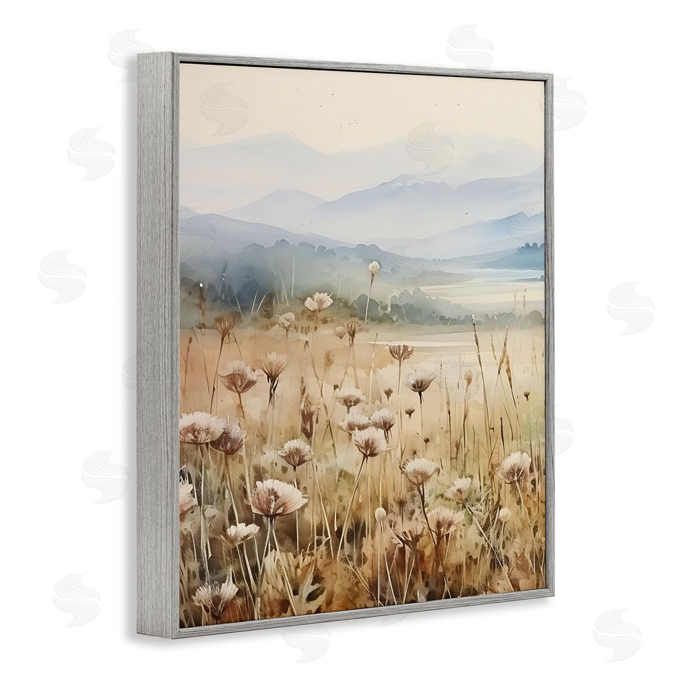 Petal Prints Design Meadow with Foggy Mountains Gray Framed Giclee Wall Art Print