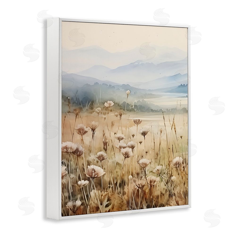 Petal Prints Design Meadow with Foggy Mountains White Framed Giclee Wall Art Print