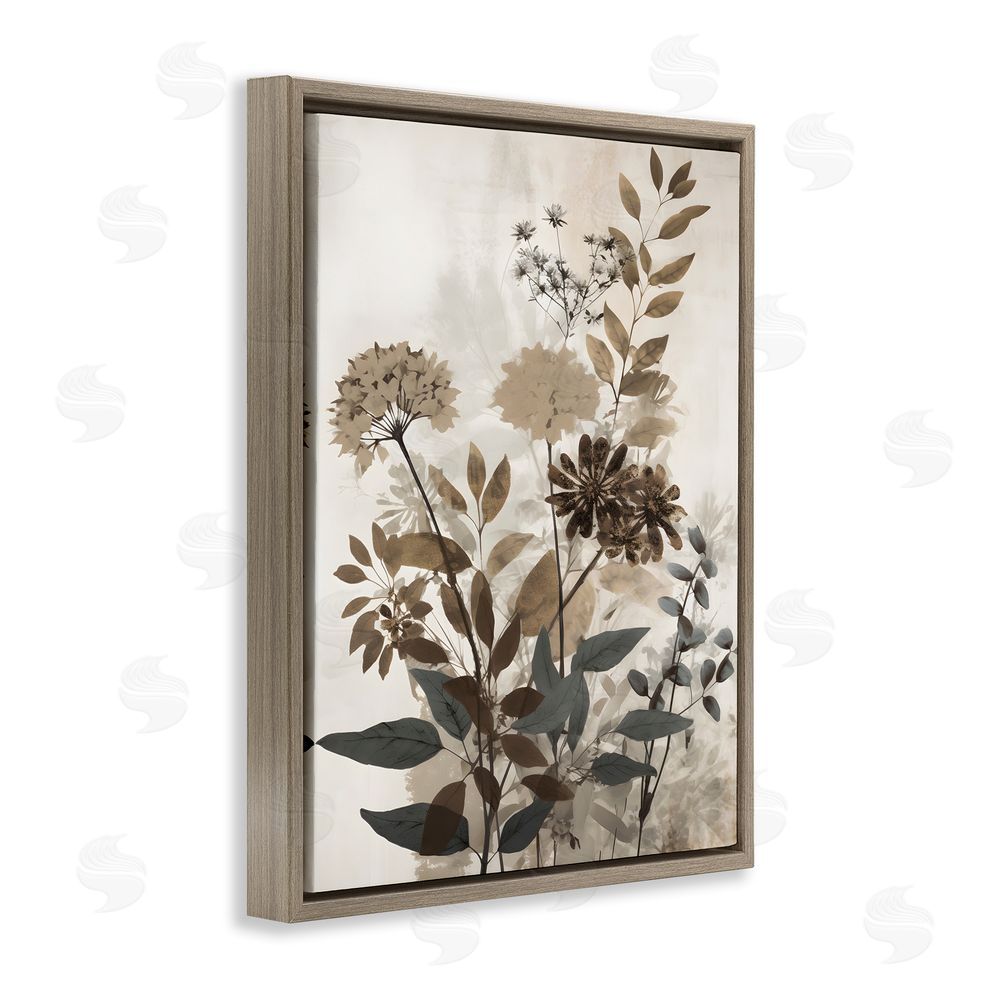 Petal Prints Design Rustic Wild Foliage Brown Floating Frame Canvas Wall Art Print