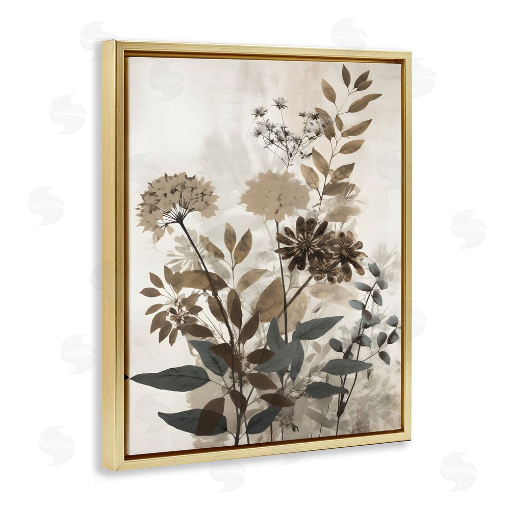 Petal Prints Design Rustic Wild Foliage Gold Floating Frame Canvas Wall Art Print