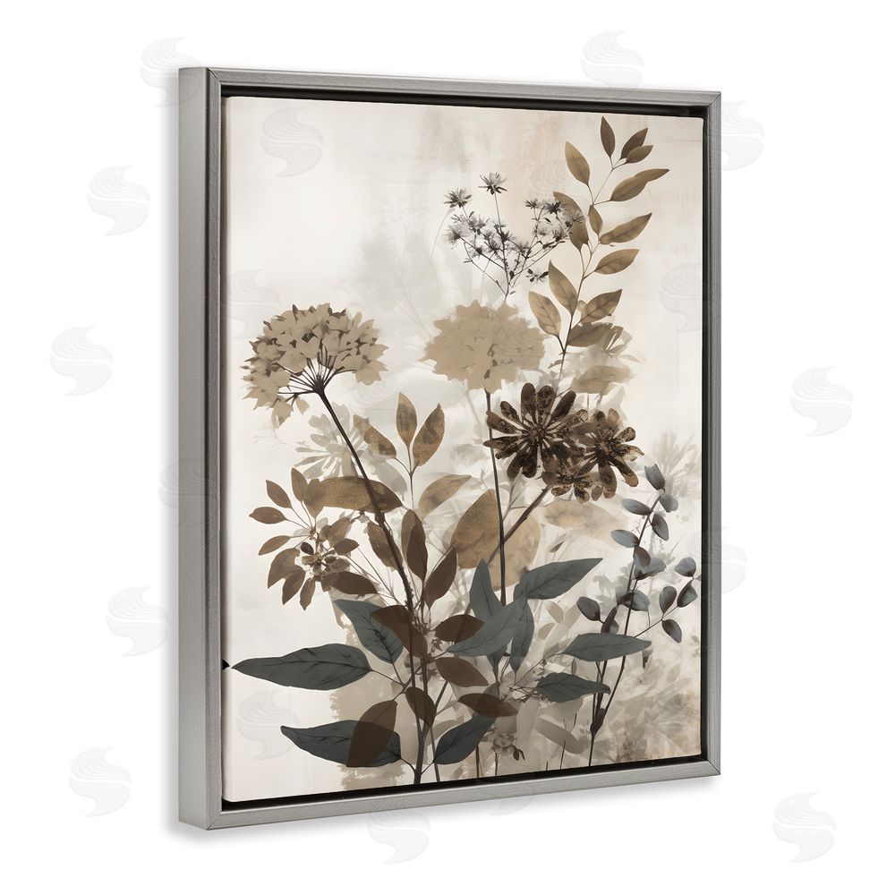 Petal Prints Design Rustic Wild Foliage Grey Floating Frame Canvas Wall Art Print