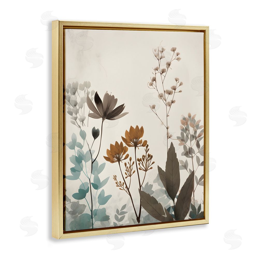 Petal Prints Design Soft Beige Botanicals Gold Floating Frame Canvas Wall Art Print