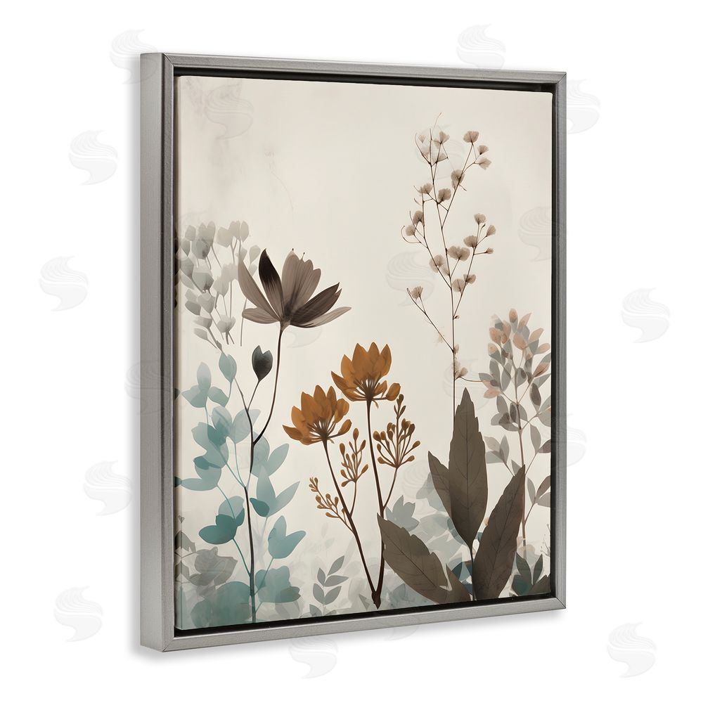 Petal Prints Design Soft Beige Botanicals Grey Floating Frame Canvas Wall Art Print