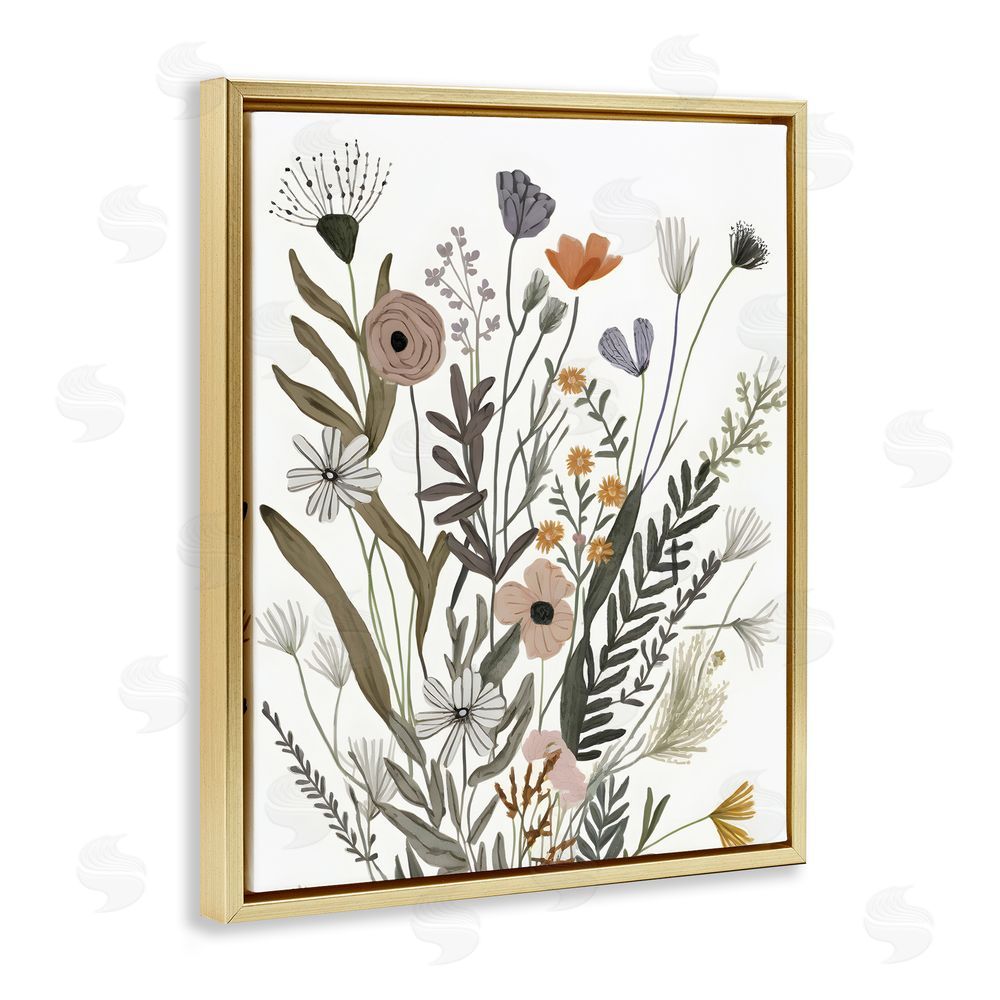 Petal Prints Design Modern Herbal Leaves Gold Floating Frame Canvas Wall Art Print