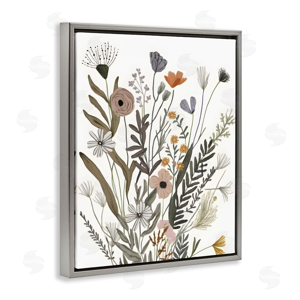 Petal Prints Design Modern Herbal Leaves Grey Floating Frame Canvas Wall Art Print