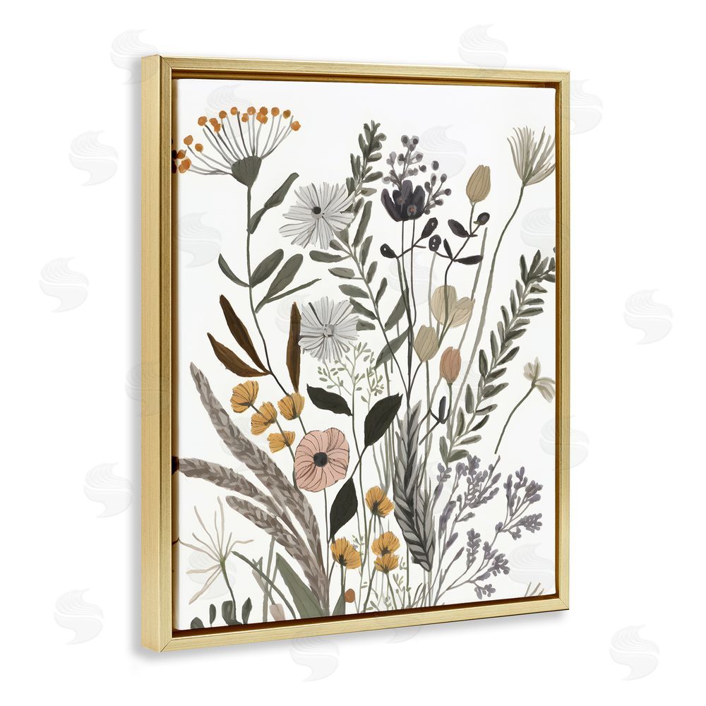 Petal Prints Design Modern Woodland Herbs Gold Floating Frame Canvas Wall Art Print