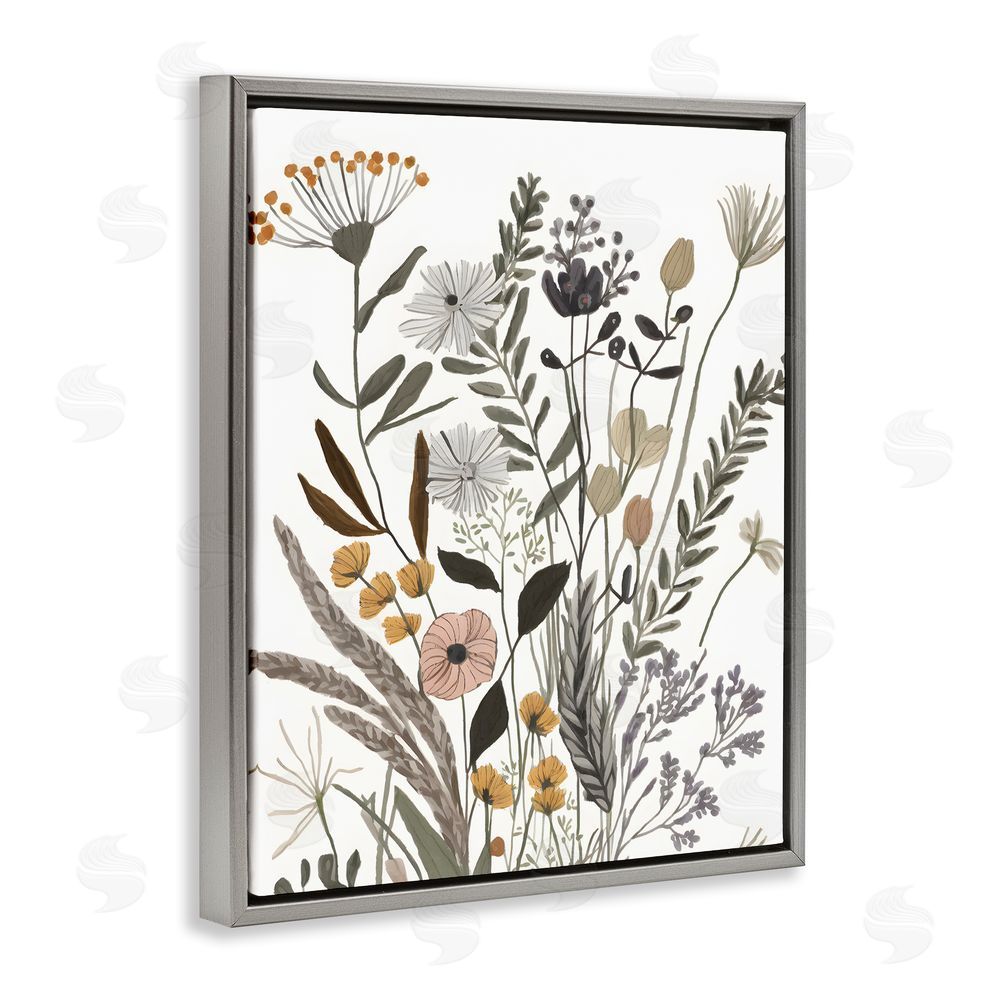 Petal Prints Design Modern Woodland Herbs Grey Floating Frame Canvas Wall Art Print