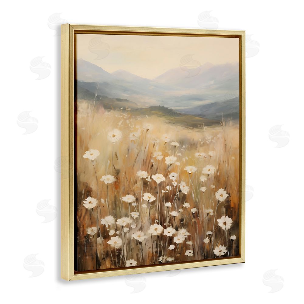 Petal Prints Design Mountain Valley Meadow Gold Floating Frame Canvas Wall Art Print