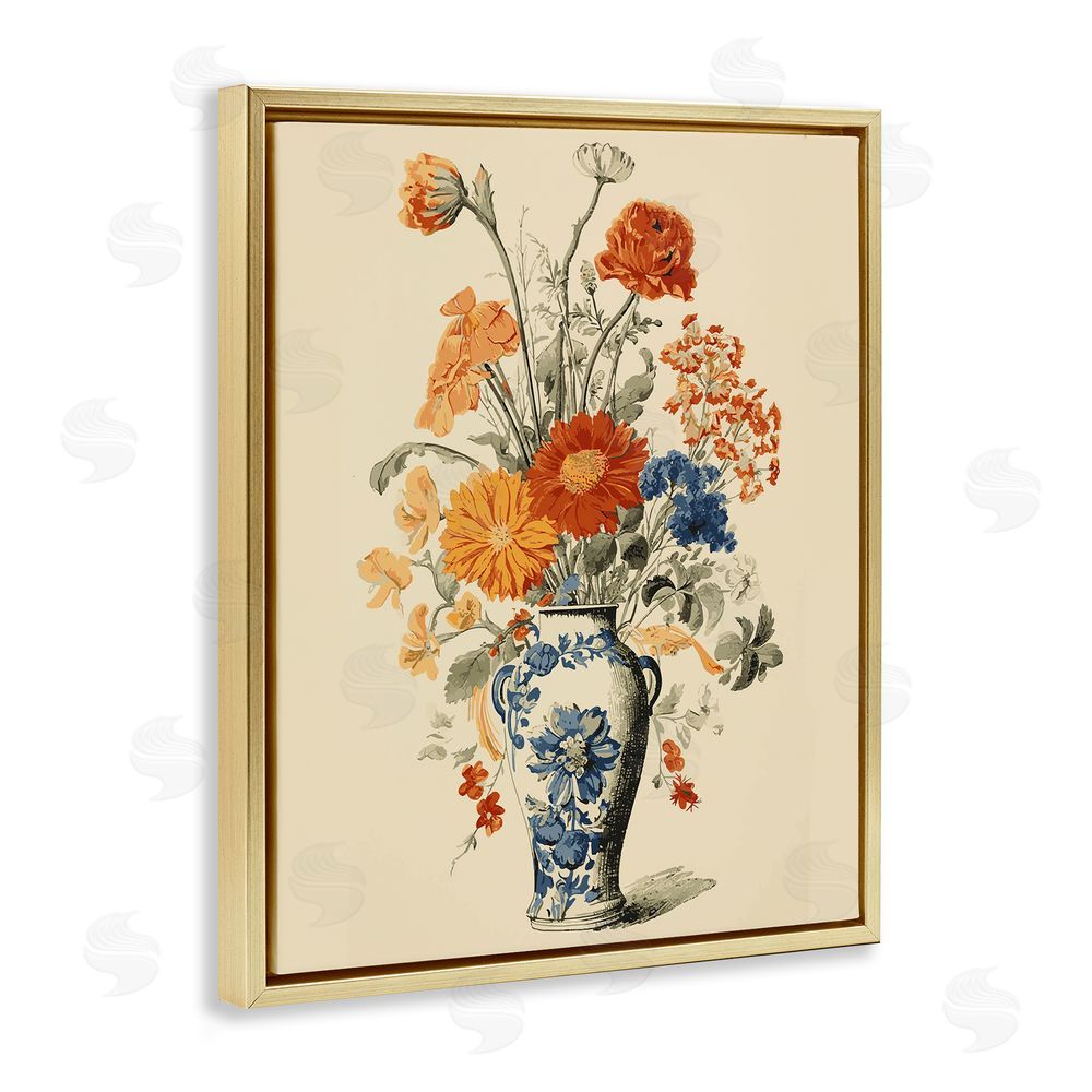 Stupell Studio Ornate Pottery Bouquet Gold Floating Frame Canvas Wall Art Print