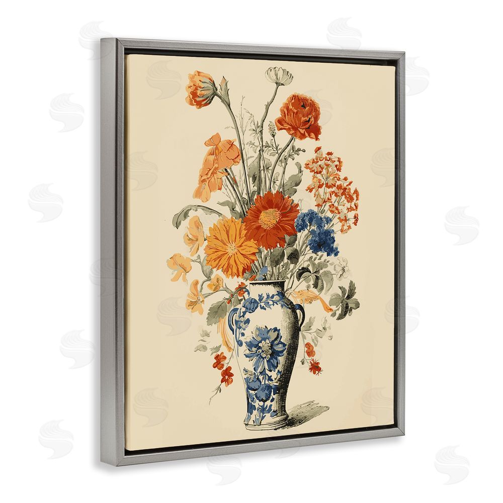 Stupell Studio Ornate Pottery Bouquet Grey Floating Frame Canvas Wall Art Print