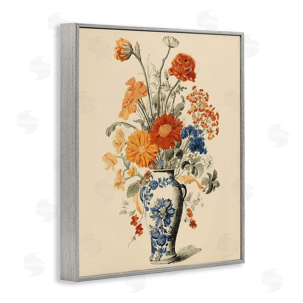 Stupell Studio Ornate Pottery Bouquet Gray Framed Giclee Wall Art Print