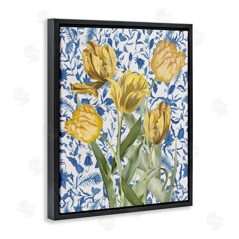 Stupell Studio Tulips on Blue Toile Black Floating Frame Canvas Wall Art Print