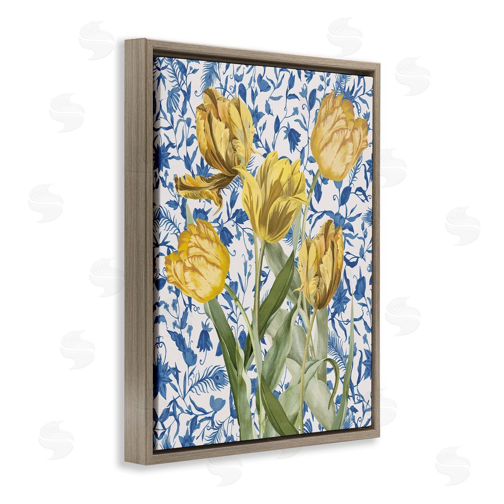 Stupell Studio Tulips on Blue Toile Brown Floating Frame Canvas Wall Art Print