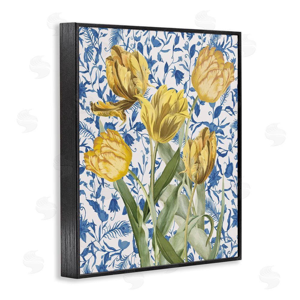 Stupell Studio Tulips on Blue Toile Black Framed Giclee Wall Art Print
