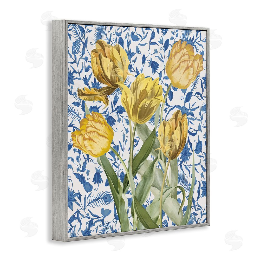 Stupell Studio Tulips on Blue Toile Gray Framed Giclee Wall Art Print
