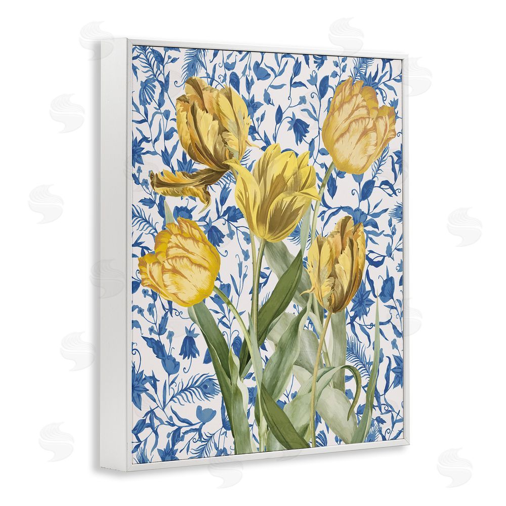 Stupell Studio Tulips on Blue Toile White Framed Giclee Wall Art Print
